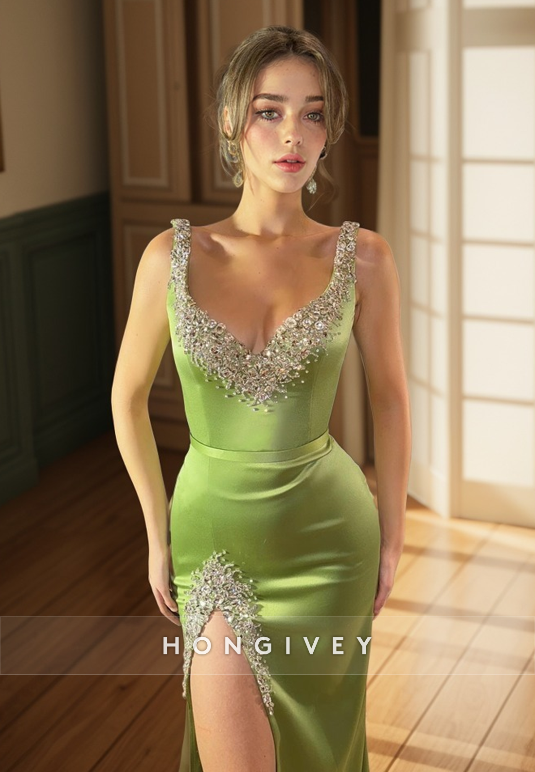 L2968 - Satin V-Neck Spaghetti Straps Beaded Party Prom Evening Dress - Fashionpara