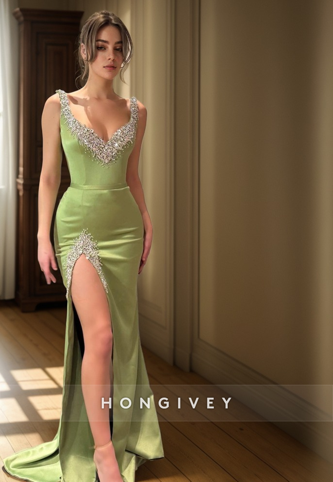 L2968 - Satin V-Neck Spaghetti Straps Beaded Party Prom Evening Dress - Fashionpara