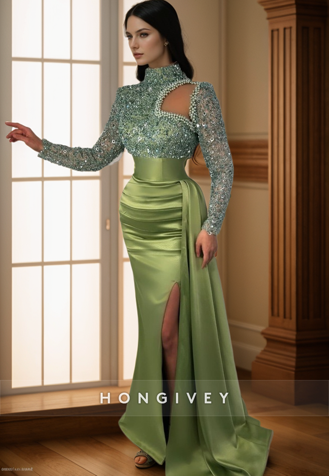 L2972 - High Neck Long Sleeve Empire Beaded Prom Evening Dress - Fashionpara