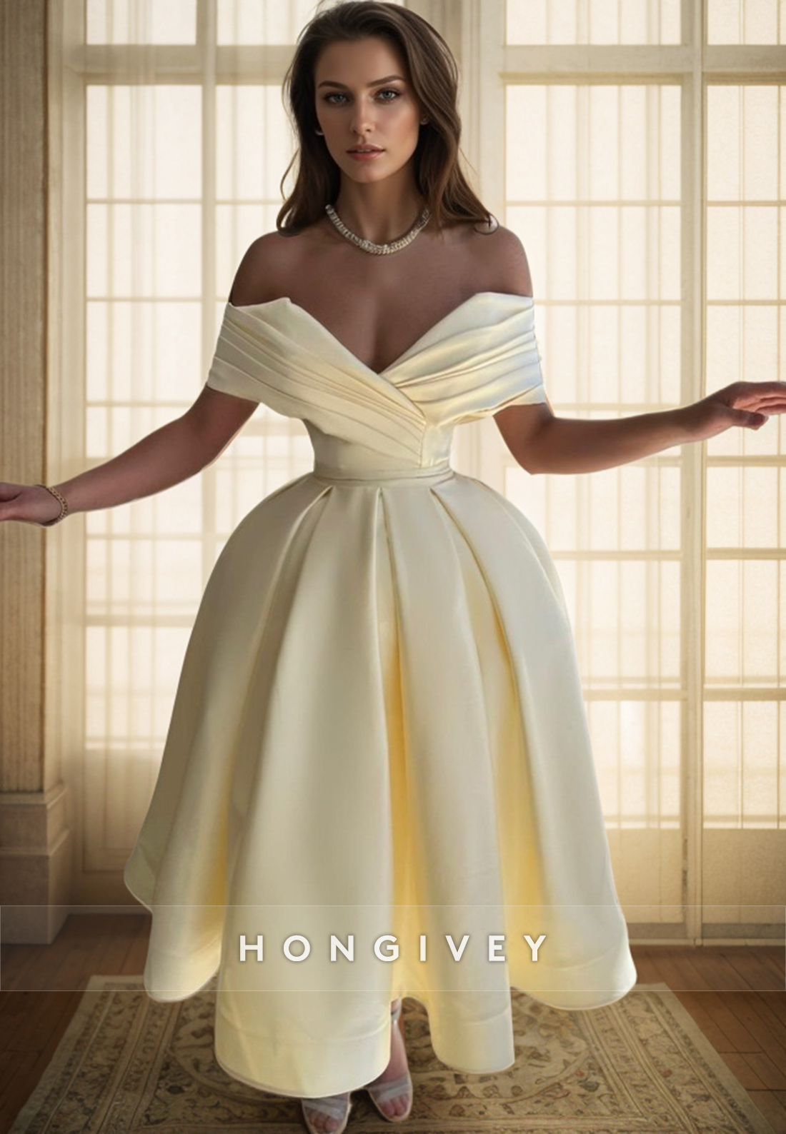 L2975 - Satin A-Line Off-Shoulder Party Prom Evening Dress - Fashionpara