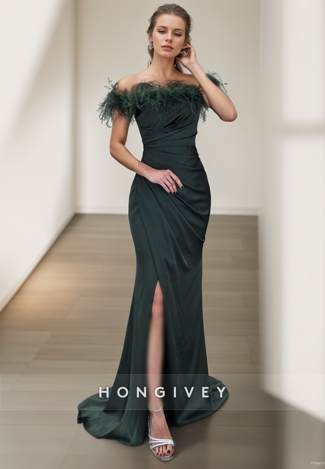 L2963 - Feathers Off-Shoulder Ruched With Side Slit Party Prom Evening Dress - Fashionpara