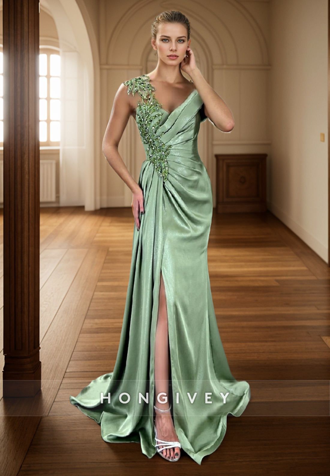 L2965 - Chic Asymmetrical Appliques With Side Slit Party Prom Evening Dress - Fashionpara