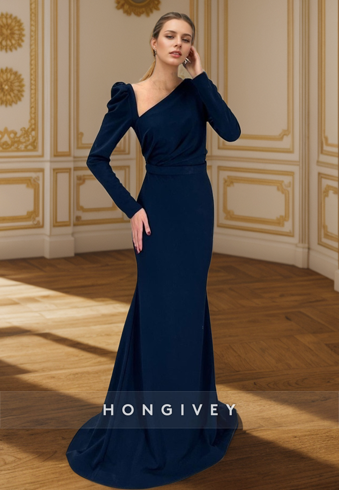 L2966 - Trumpet Asymmetrical Long Sleeve Empire Party Prom Evening Dress - Fashionpara