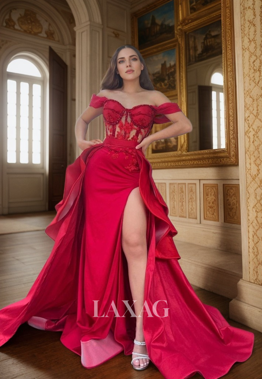 Off the Shoulder Ruched Detachable Skirt Long Red Semi Formal Prom Dress with Slit - Fashionpara