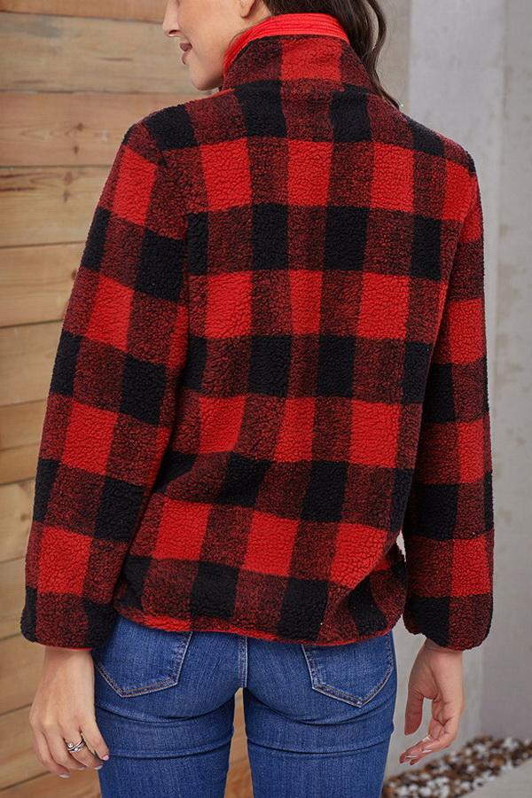 RadyRin High-Collar Checked Plush Sweater for Cozy Elegance
