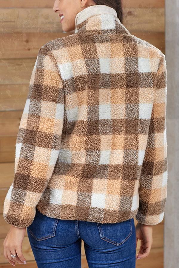 RadyRin High-Collar Checked Plush Sweater for Cozy Elegance