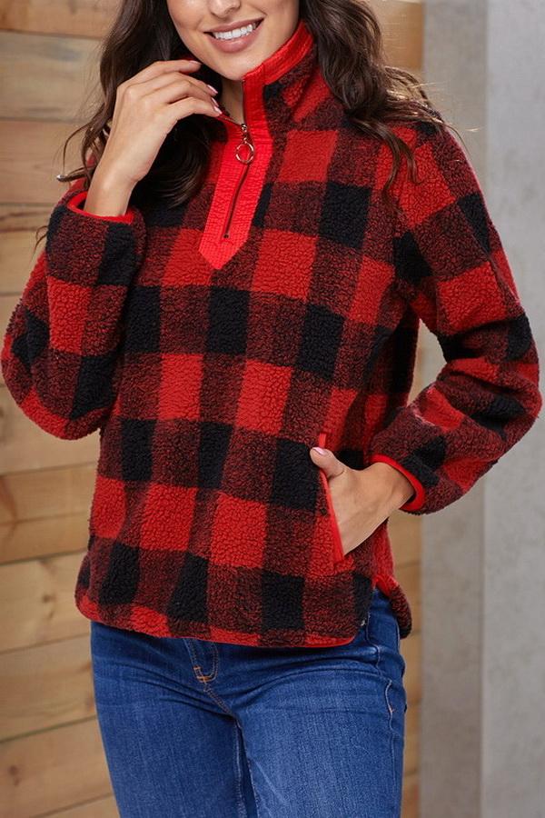 RadyRin High-Collar Checked Plush Sweater for Cozy Elegance
