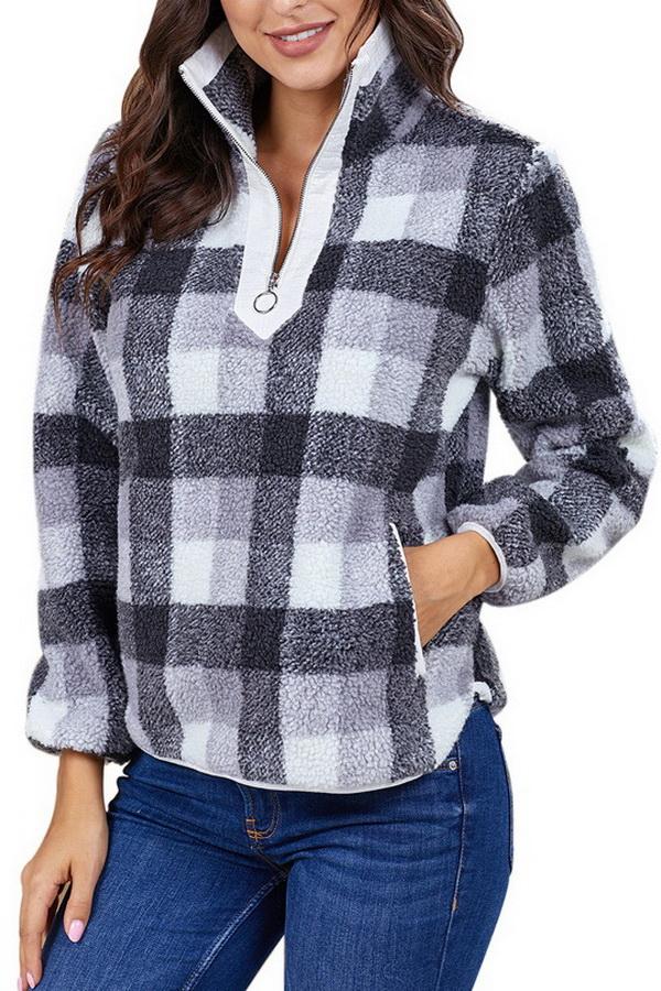 RadyRin High-Collar Checked Plush Sweater for Cozy Elegance