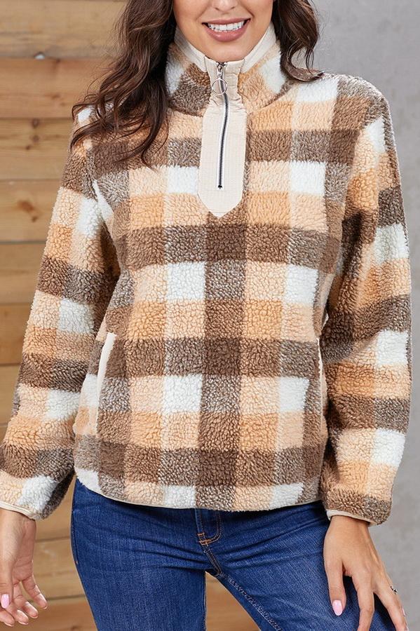 RadyRin High-Collar Checked Plush Sweater for Cozy Elegance