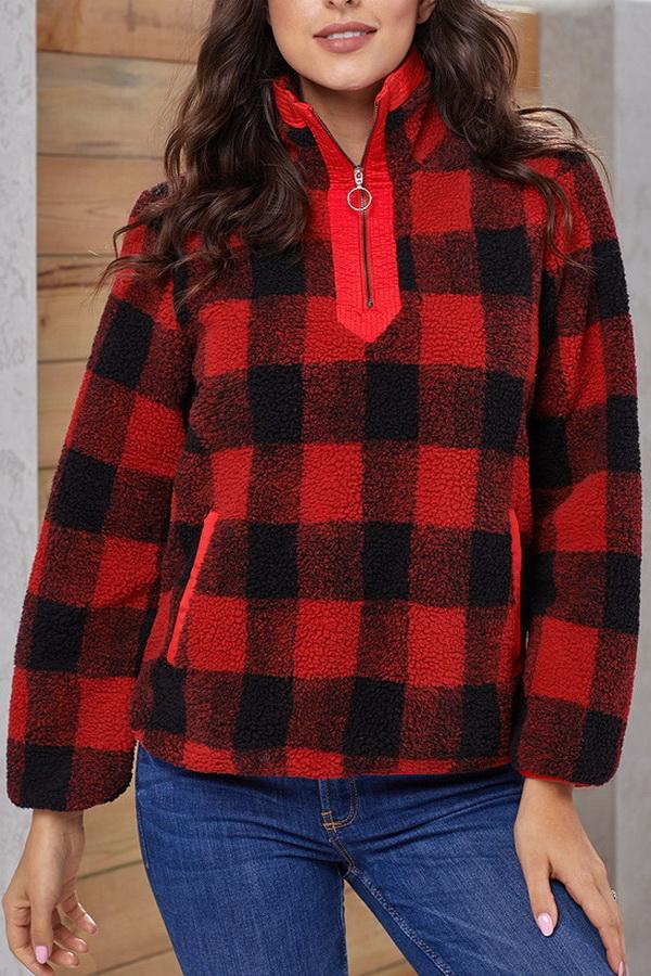 RadyRin High-Collar Checked Plush Sweater for Cozy Elegance