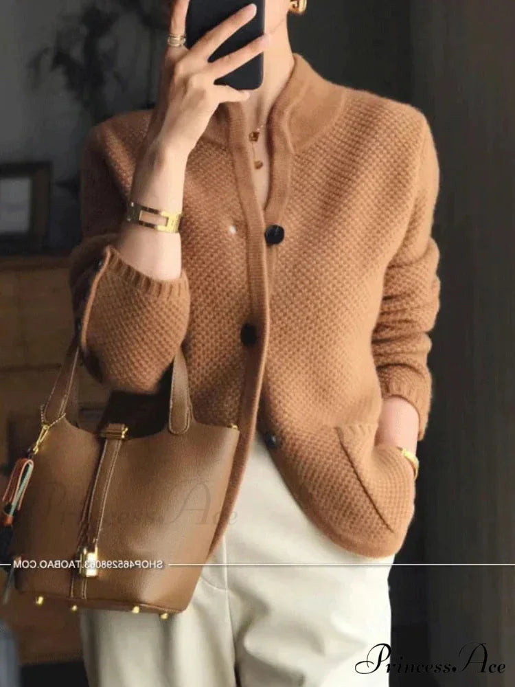 High-end Cashmere Wool Long Sleeve Half Collar Cardigan 4