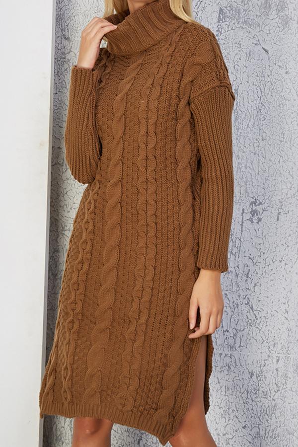 RadyRin High Neck Cable Knit Sweater Dress with Slit Detail