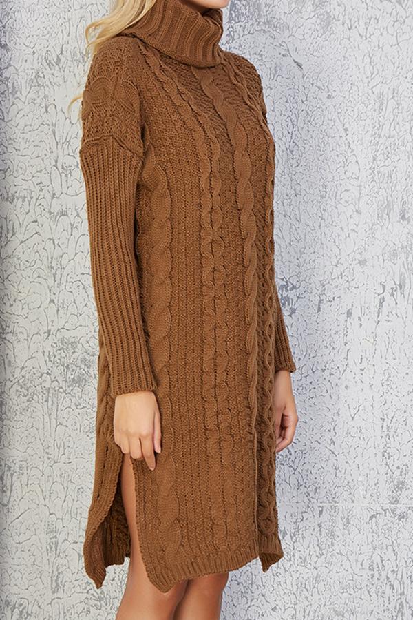 RadyRin High Neck Cable Knit Sweater Dress with Slit Detail