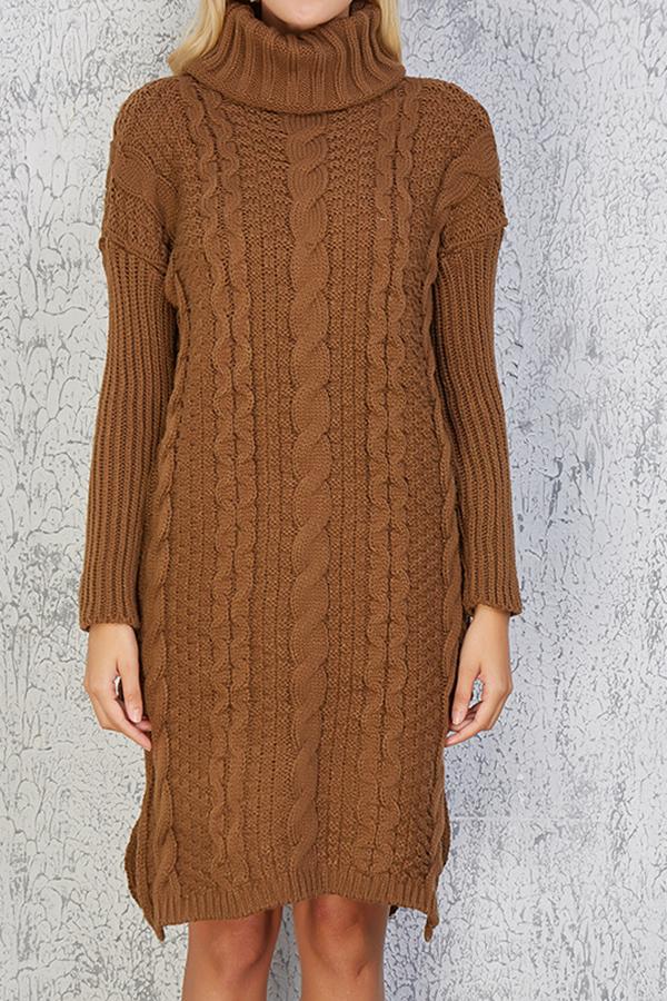RadyRin High Neck Cable Knit Sweater Dress with Slit Detail