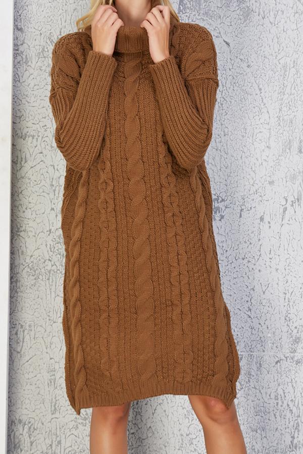 RadyRin High Neck Cable Knit Sweater Dress with Slit Detail