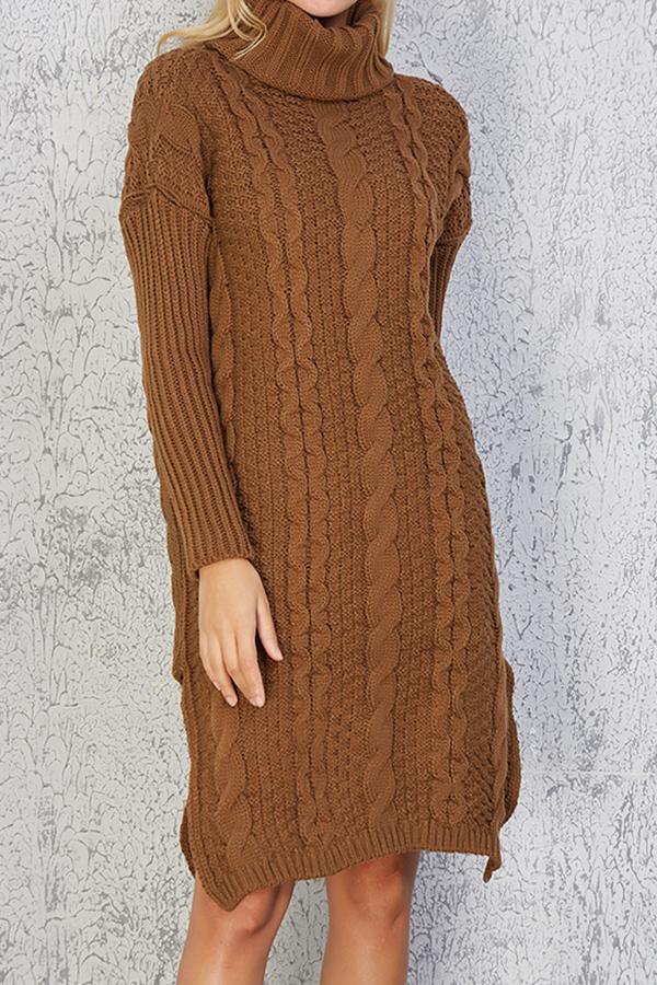 RadyRin High Neck Cable Knit Sweater Dress with Slit Detail