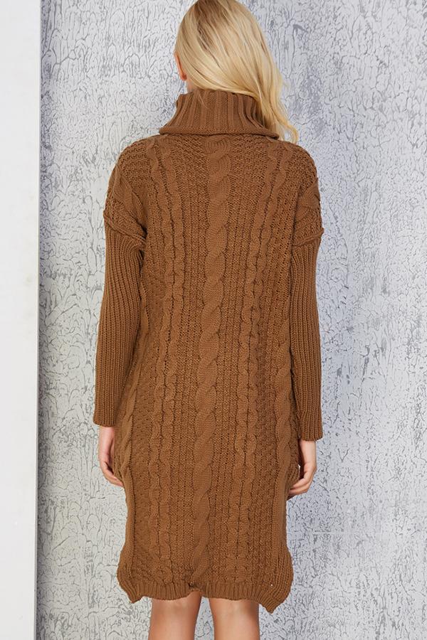 RadyRin High Neck Cable Knit Sweater Dress with Slit Detail
