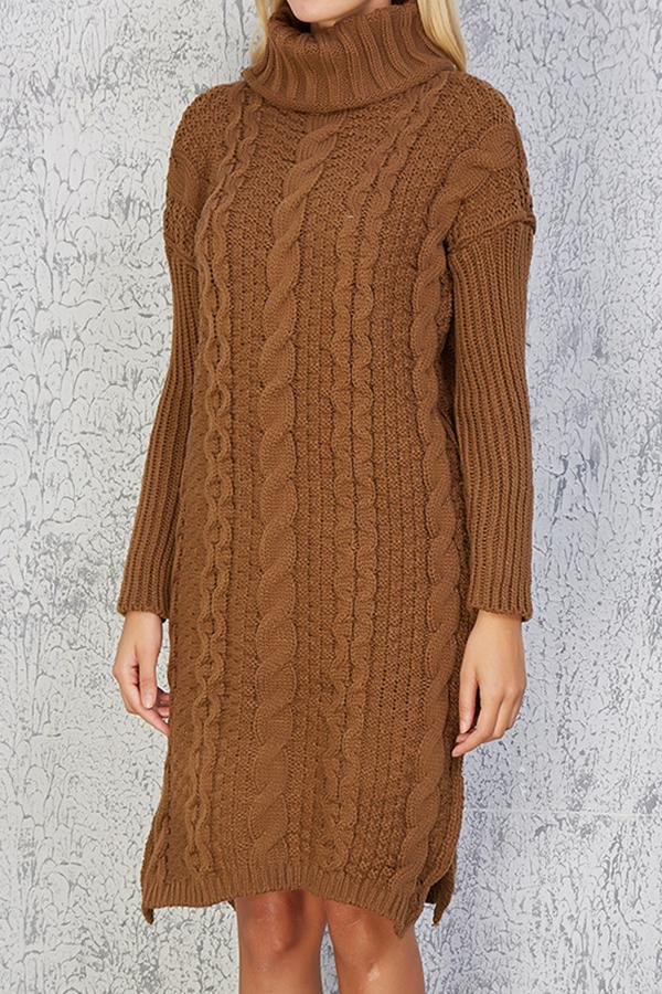 RadyRin High Neck Cable Knit Sweater Dress with Slit Detail