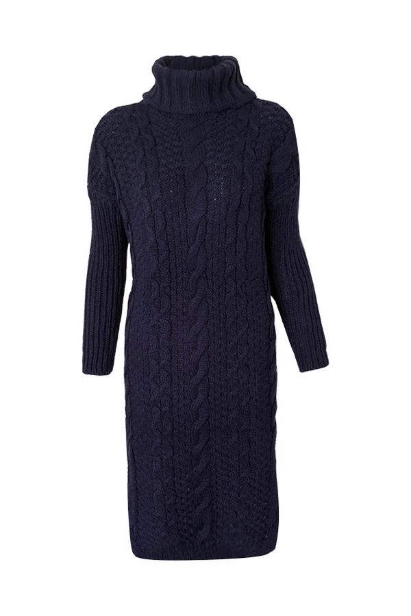 RadyRin High Neck Cable Knit Sweater Dress with Slit Detail