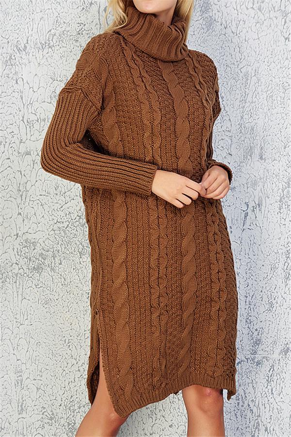 RadyRin High Neck Cable Knit Sweater Dress with Slit Detail