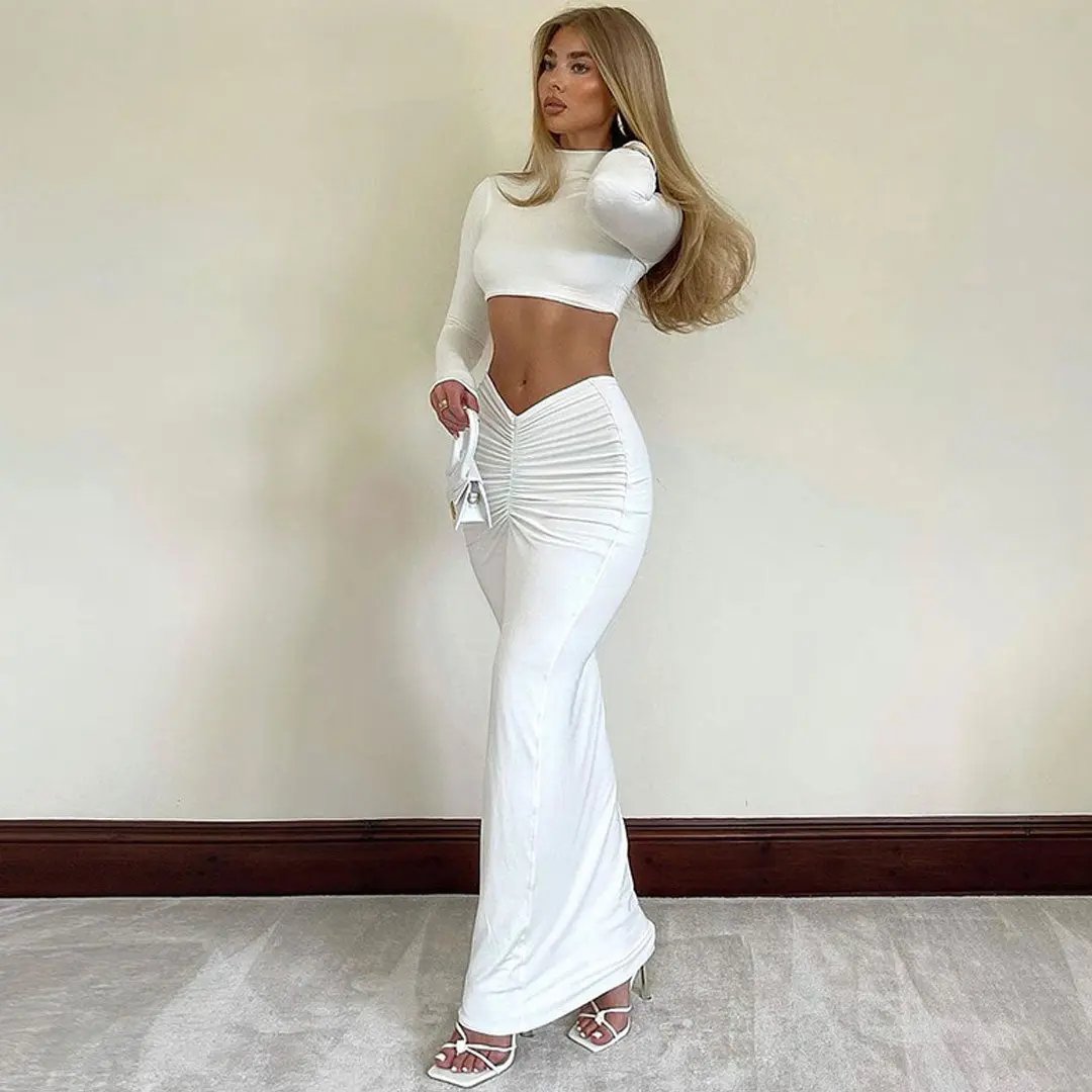 High Neck Long Sleeve Crop Top Ruched Maxi Skirt Matching Set - White  Fashionpara