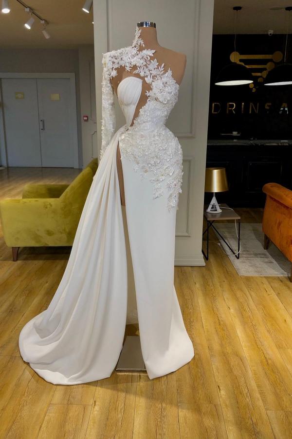 High Neck Prom Dress Mermaid Split Long With Appliques - Fashionpara