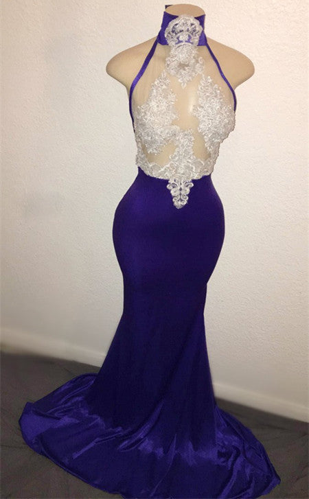 High Neck Sleeveless Prom Dress Mermaid Long With Lace Appliques - Fashionpara