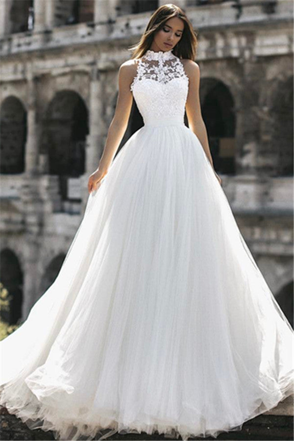 High Neck Sleeveless Tulle Wedding Dress Princess Lace Bridal Gowns - Fashionpara