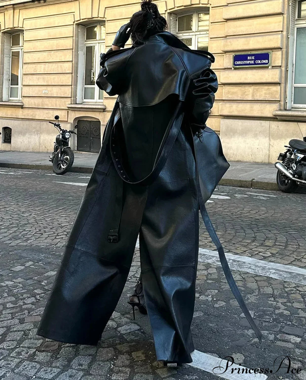 High Slit Black PU Leather Overcoat