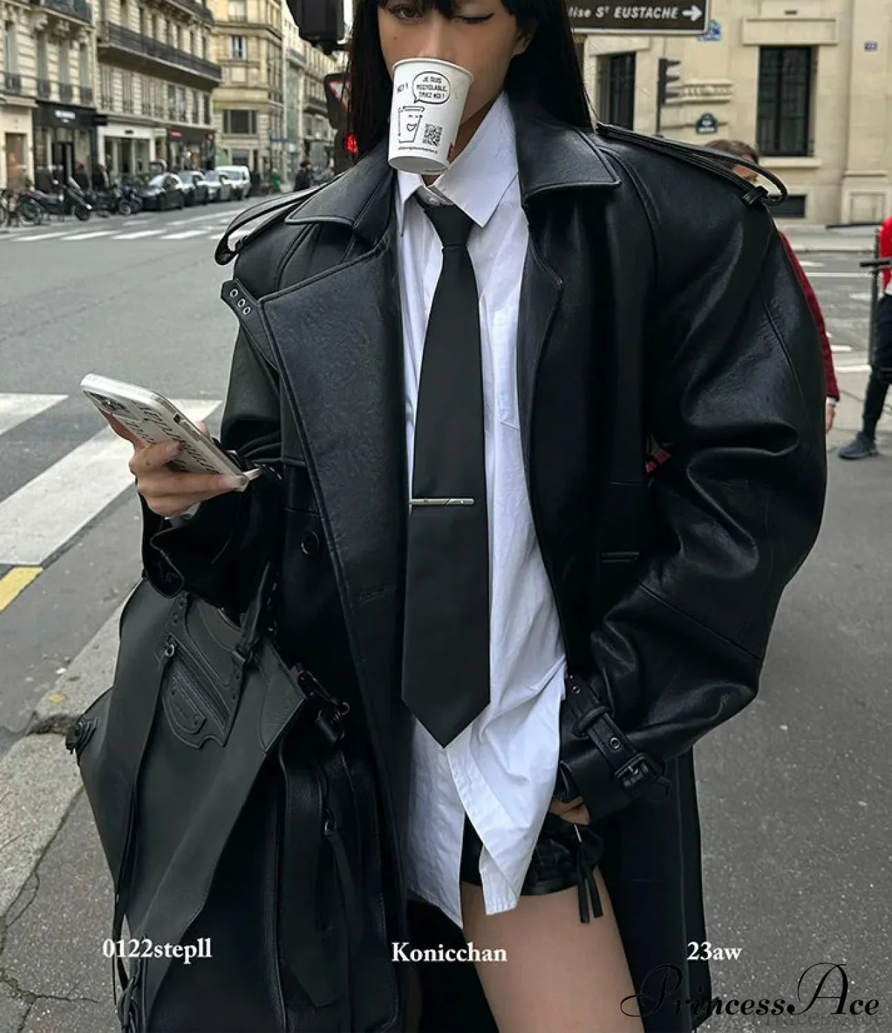 High Slit Black PU Leather Overcoat