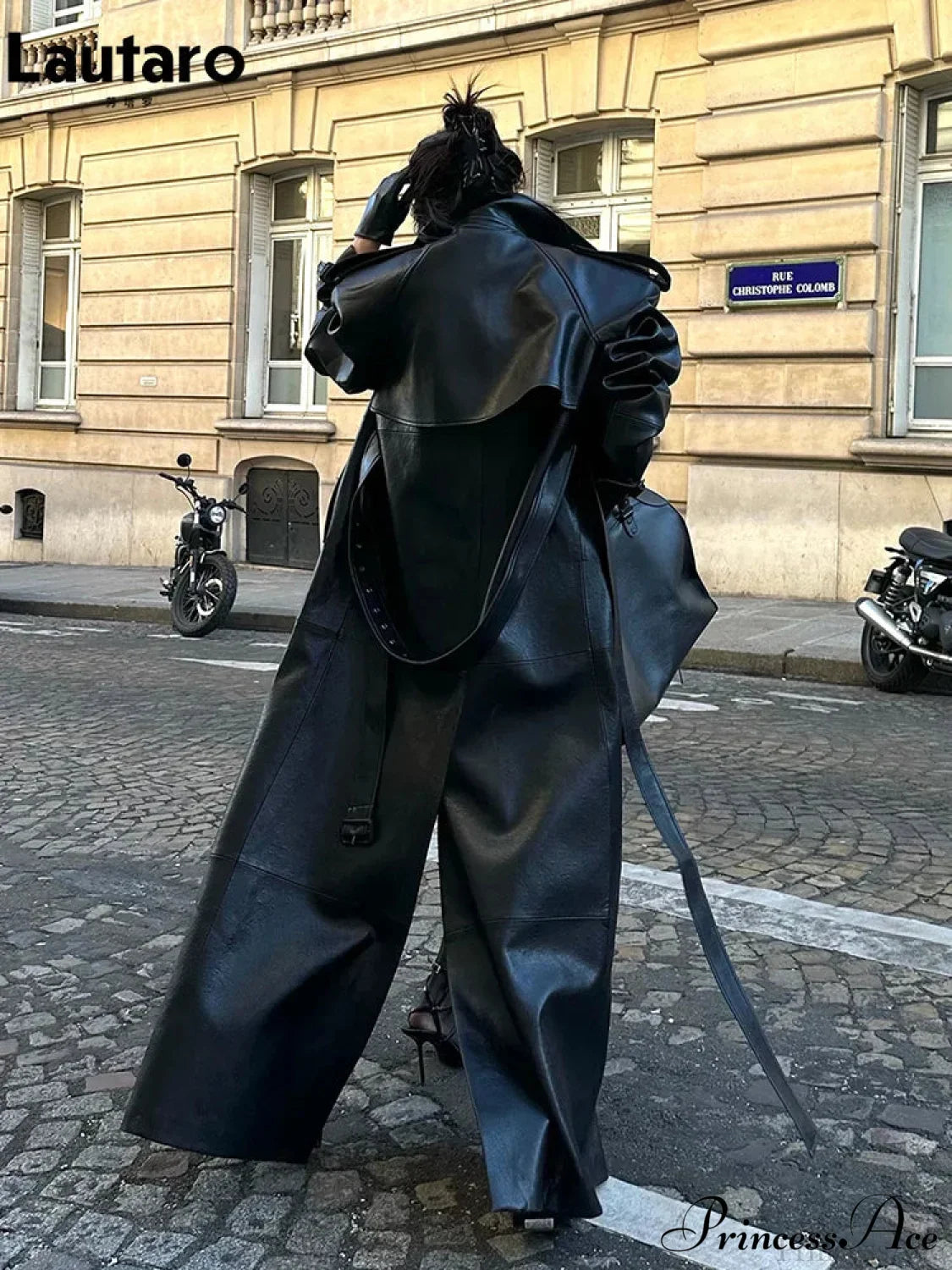 High Slit Black PU Leather Overcoat Black / S