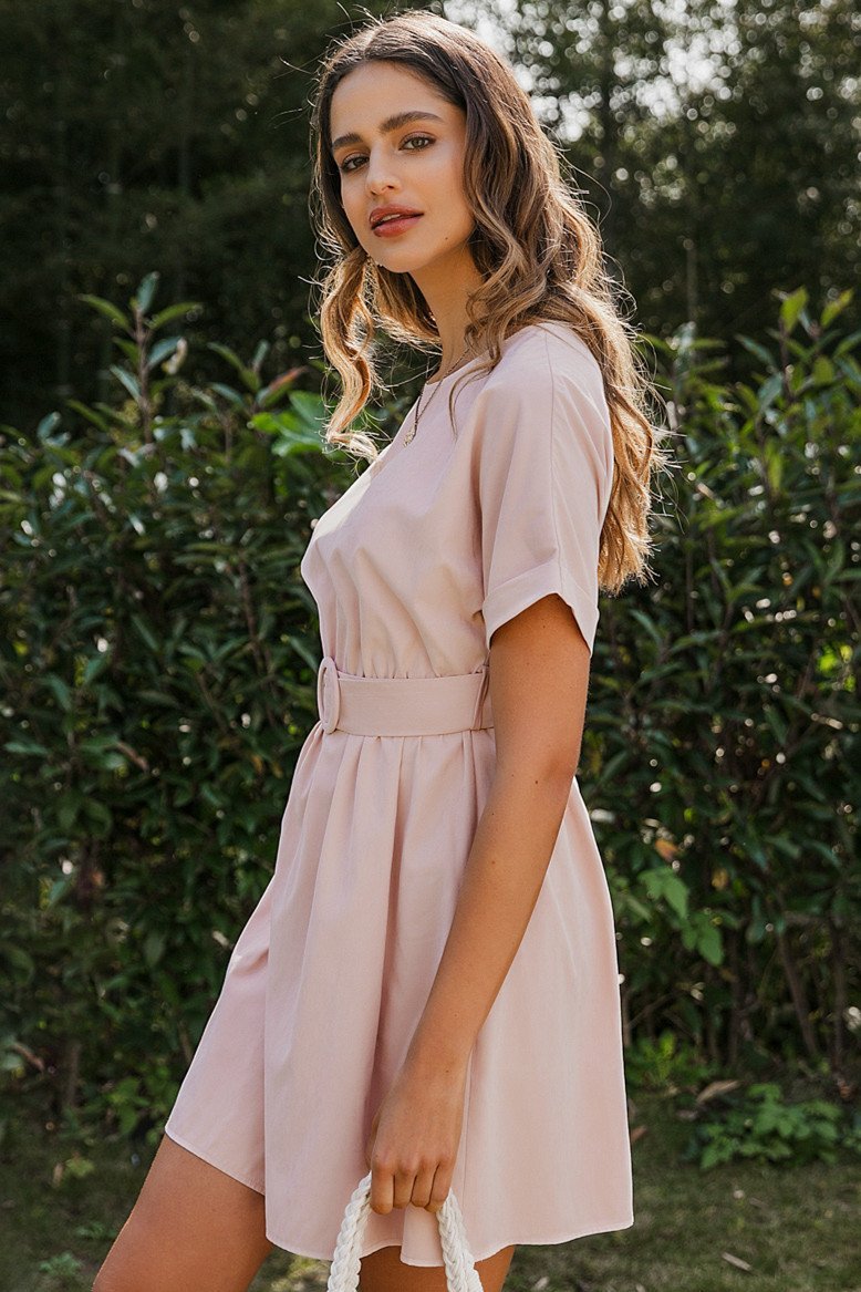 High Waist Belt Batwing Sleeve Short Dress