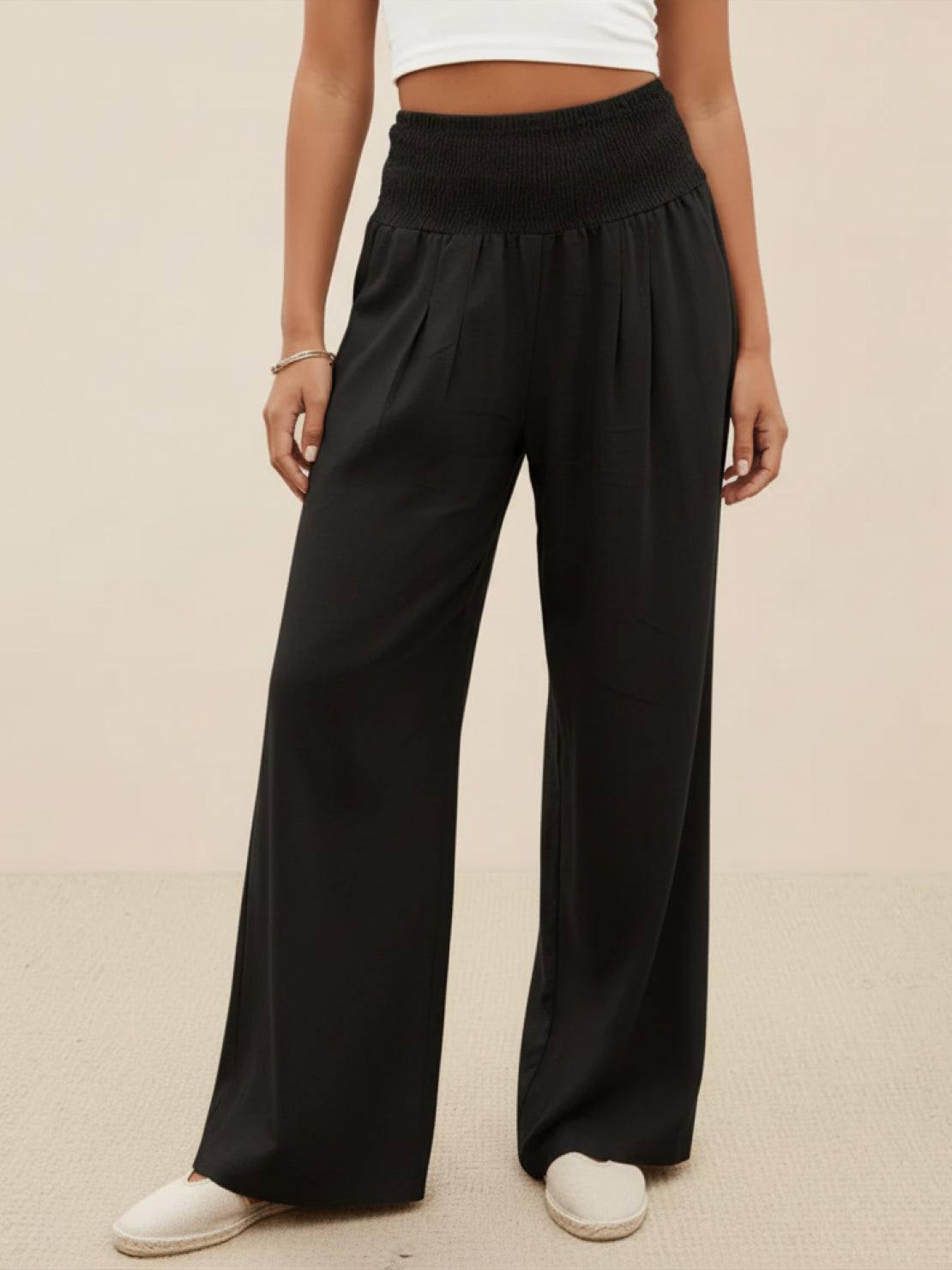 Smocked High Waist Pleated Wide Leg Palazzo Pants 20