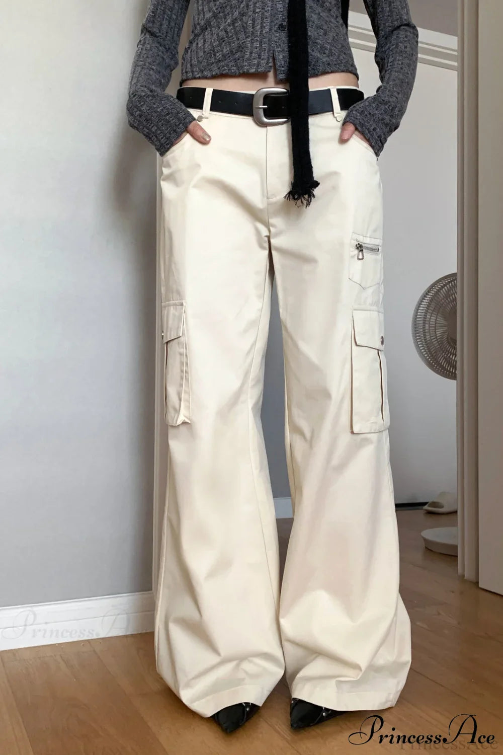 High Waist Loose Multi Pocket Cargo Pants Beige / S