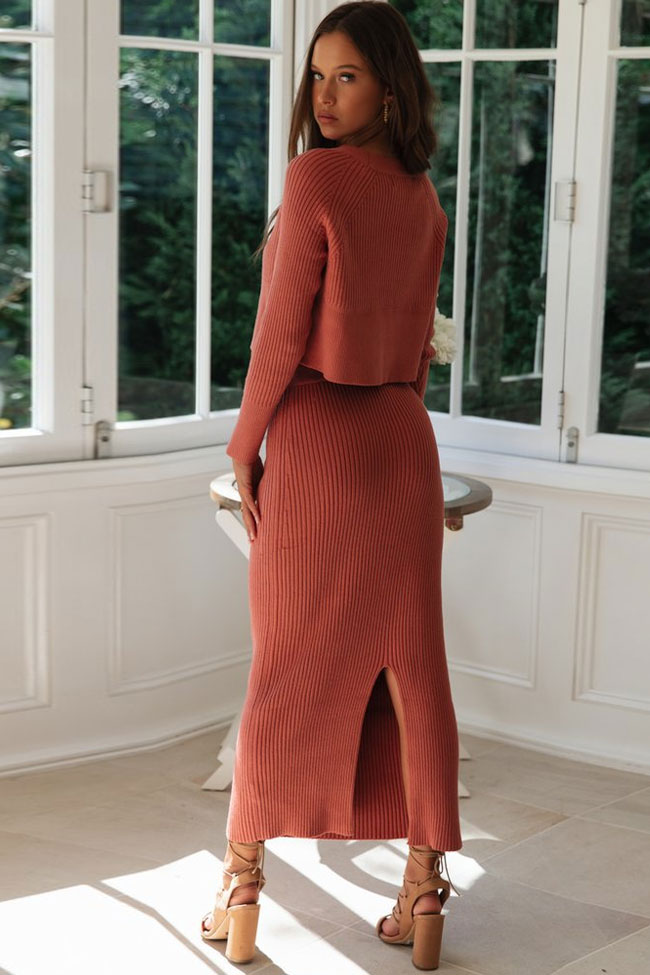 High Waist Rib Long Sleeve Winter Sweater Two Piece Dress - Orange Red  Fashionpara