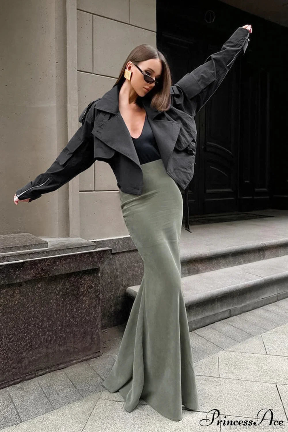 High Waist Slim Green Silver Fox Fur Mermaid Skirt