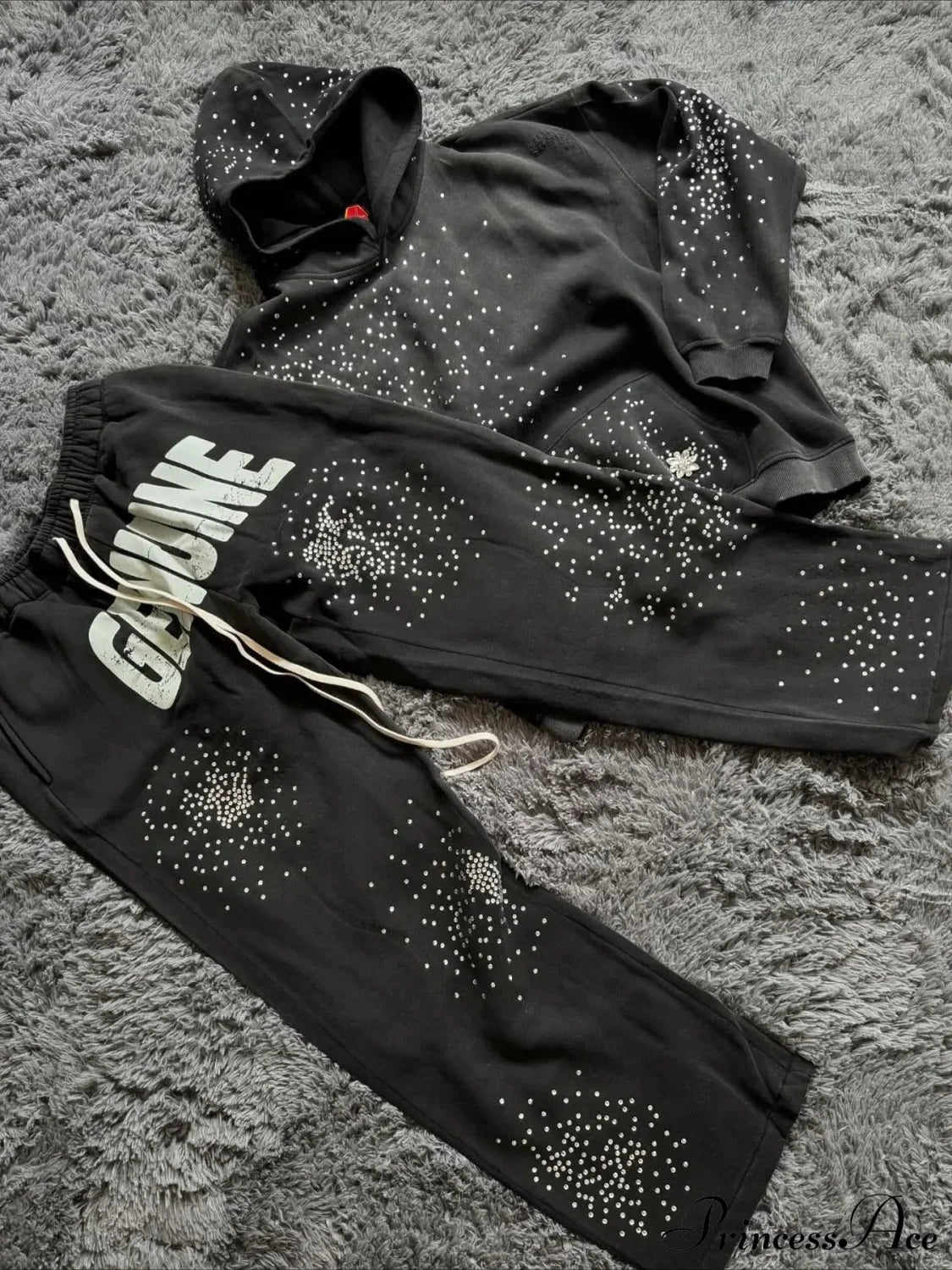 Hip Hop Cross Oversized Rhinestone Zip Up Hoodie Pants / S