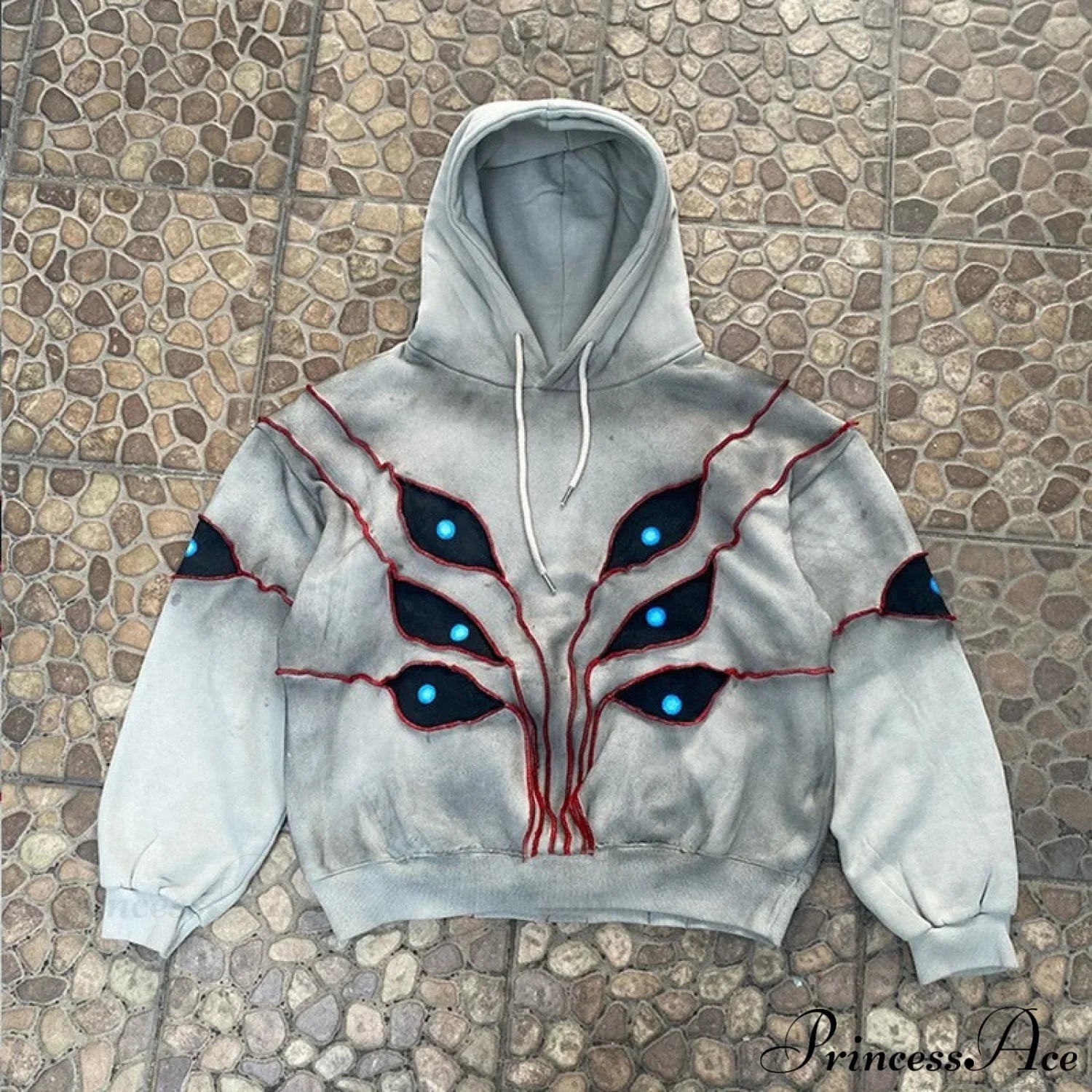 Hip-Hop Topstitch Eye Applique Hoodie Grey / S