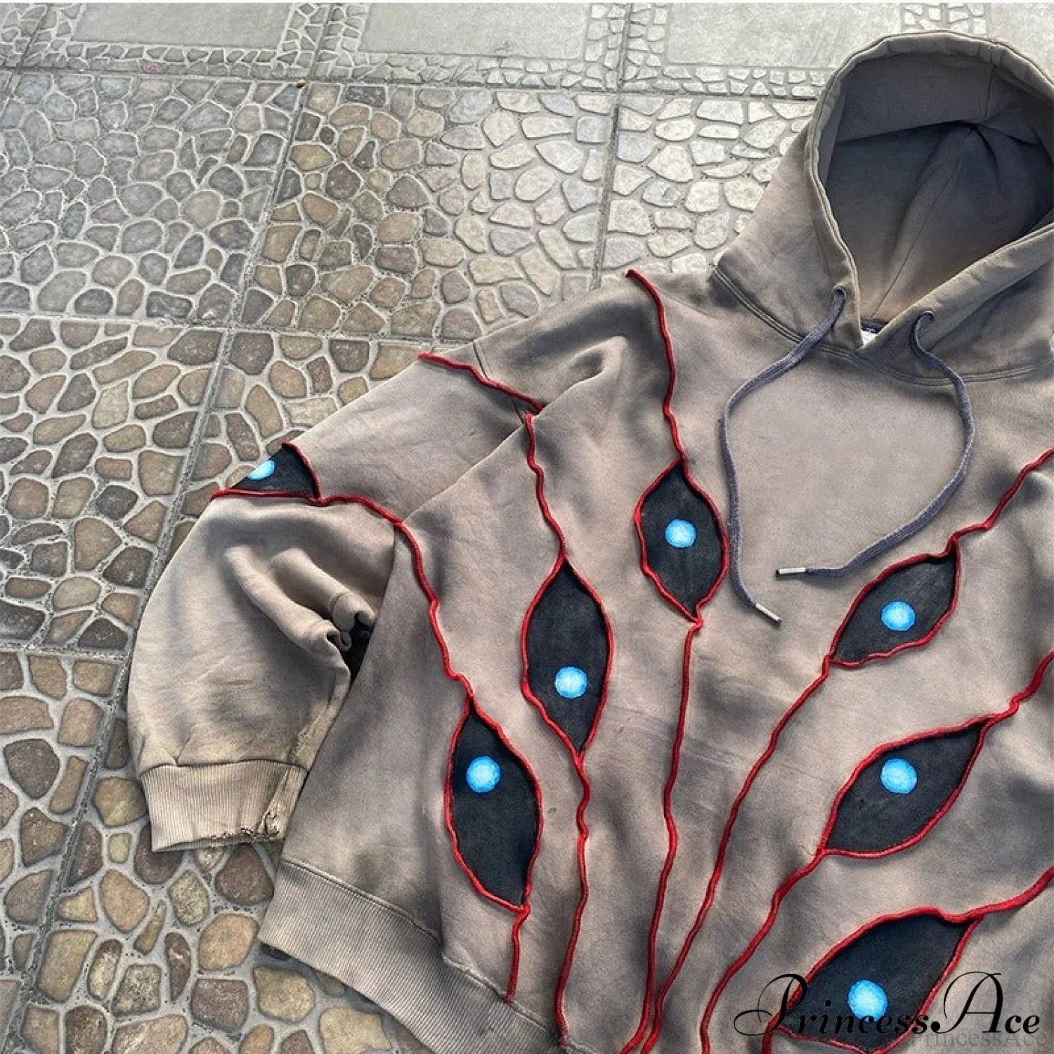 Hip-Hop Topstitch Eye Applique Hoodie Khaki / S