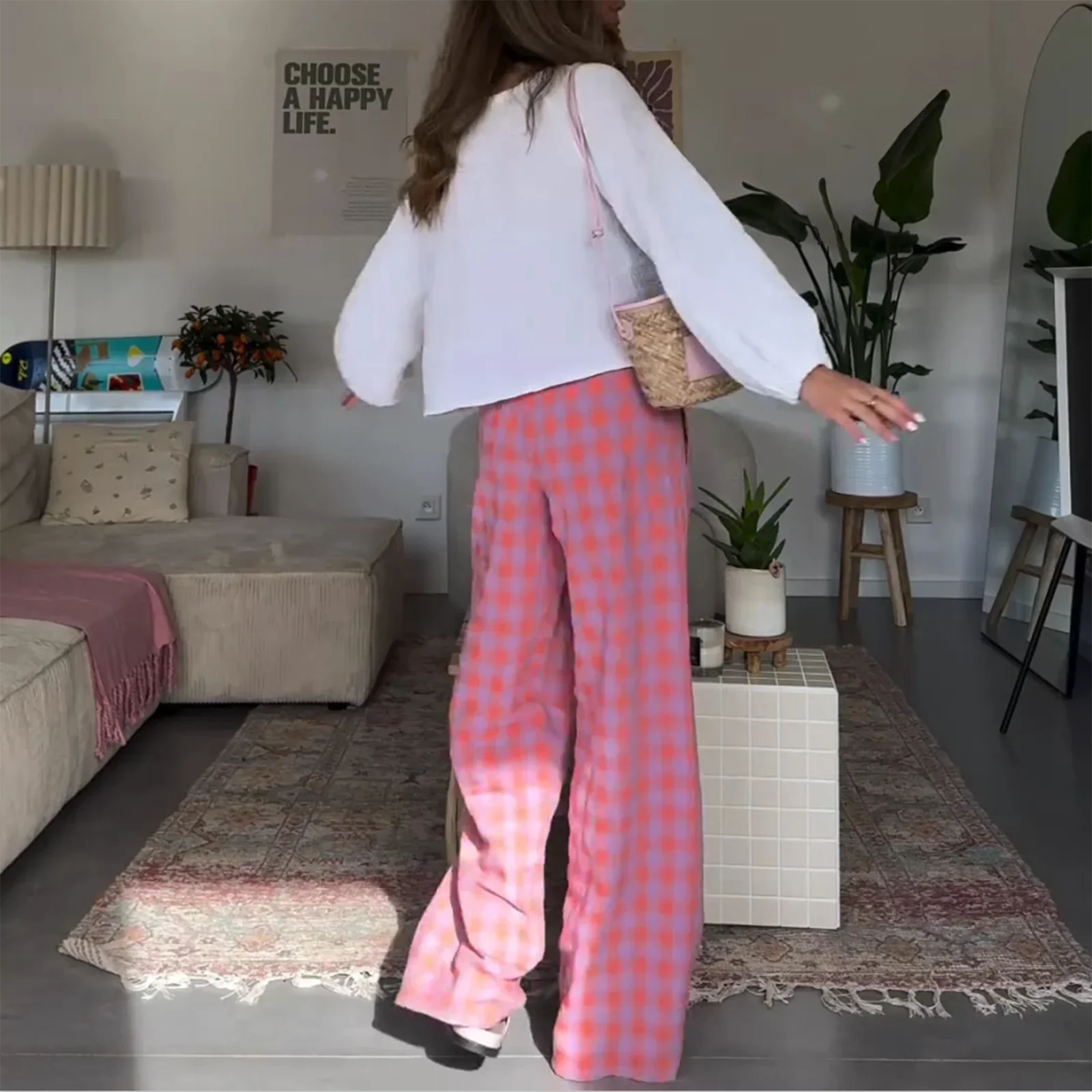 Vintage Plaid Loose Wide Leg Boho Palazzo Pant