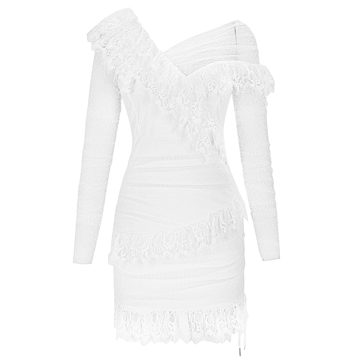 Dotted Mesh Off-Shoulder Ruffle Long-Sleeve Mini Dress 5