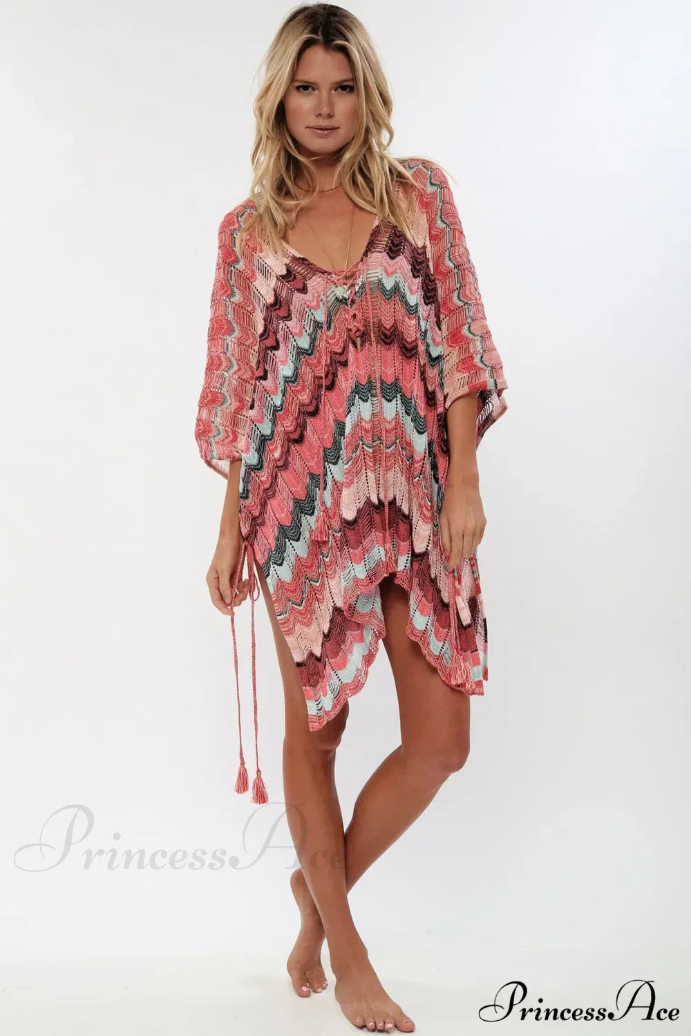 Hollow Deep V-neck Lace Up Tunic Mini Dress Pink / One Size bohodress-250126