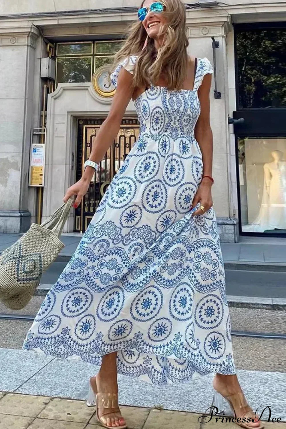 Hollow Out Floral Embroidery Flying Sleeve Dress SKY BLUE / S bohodress-250126