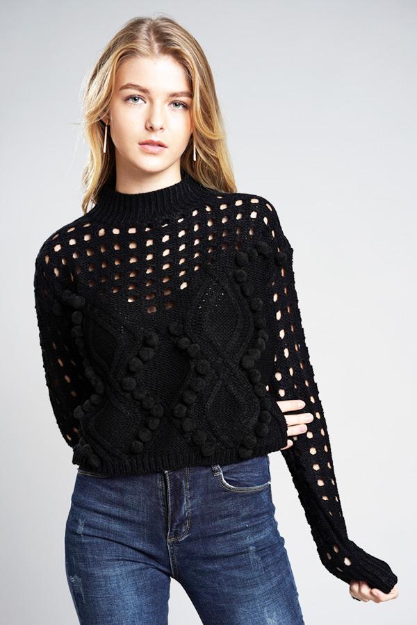 RadyRin Hollow Out Pompom Knitting Sweater for Elegance