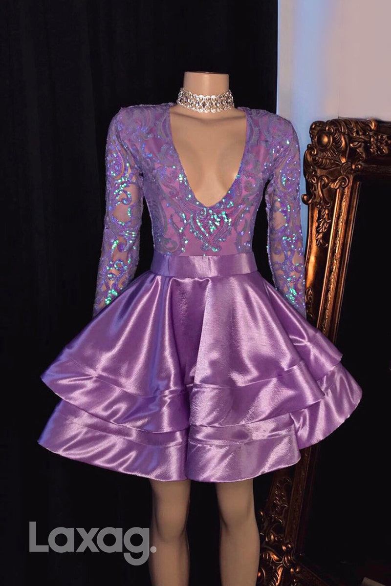 Purple Low V-Neck Glitter Ruched Sequined Homecoming Dress - Fashionpara