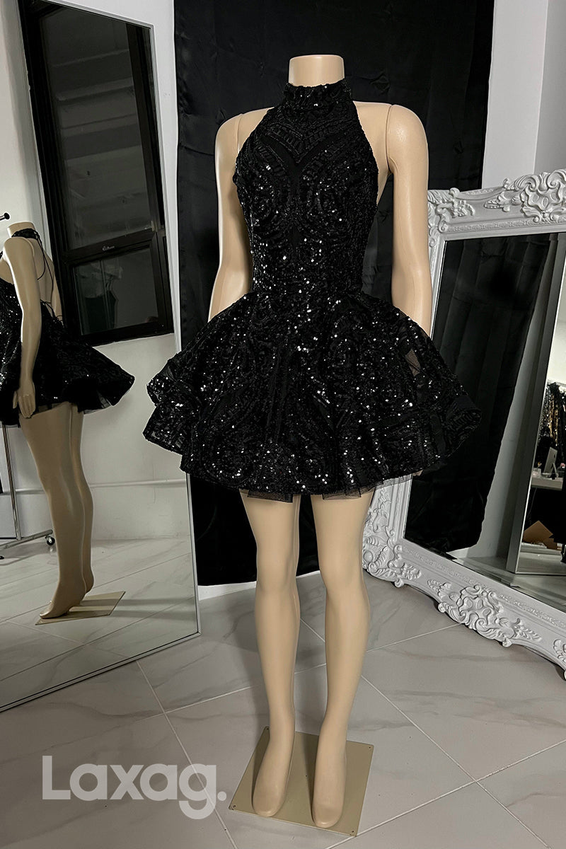 13154 - Black High-Neck Glitter Sequined Lace Tiered Homecoming Dress - Fashionpara