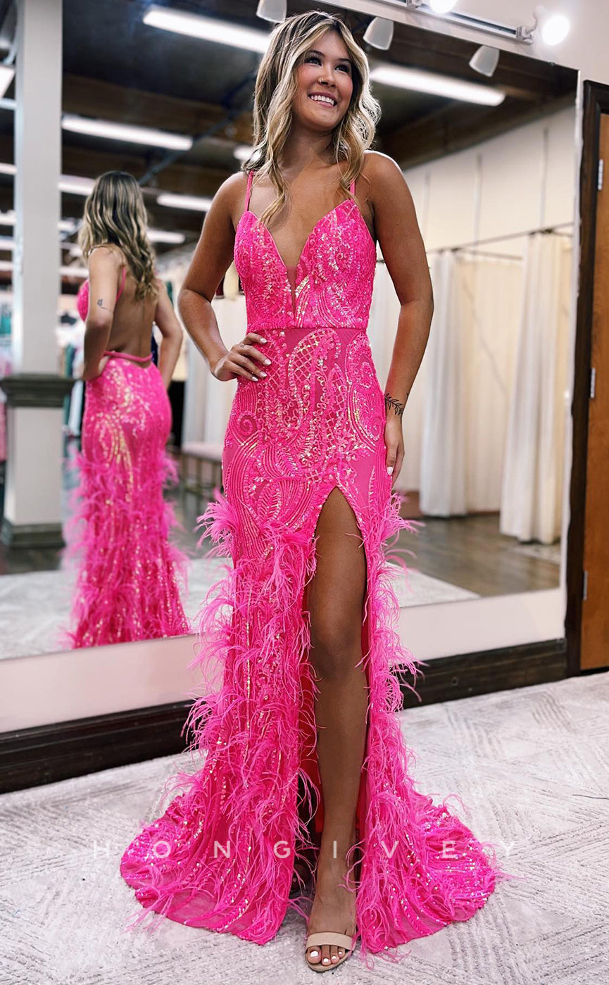 L0889 - Feathered Plunging Illusion Backless Sheath Gown - Fashionpara