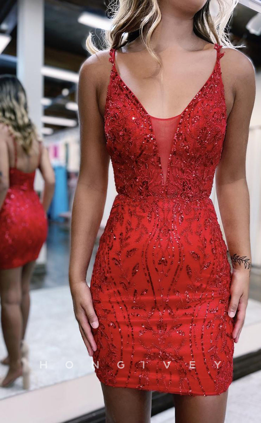 H1818 - Sheath/Column V neck Sequins Short Homecoming Dress Tight Pageant Dress - Fashionpara