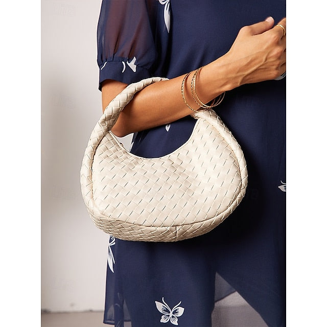Leather Round Woven Chic Elegant Ivory Hobo Bag