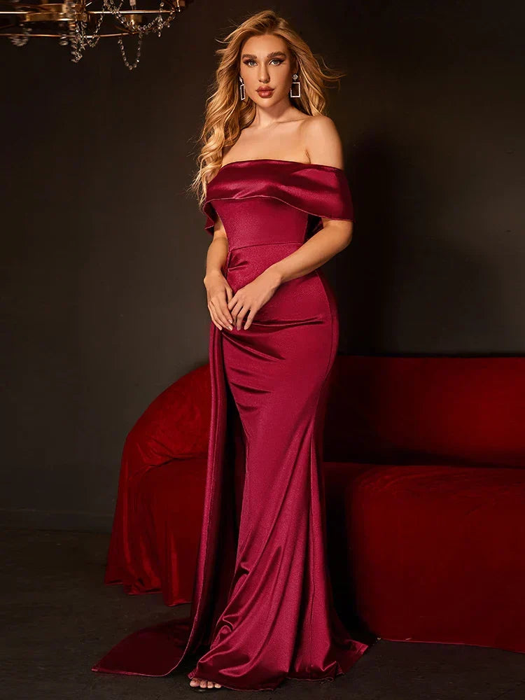 Satin Off Shoulder Foldover Draped Mermaid Gown